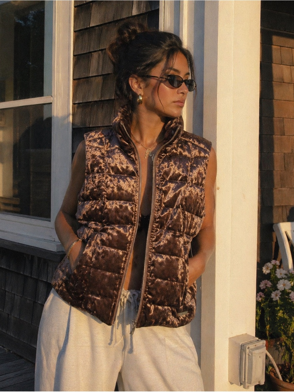 Calvin Klein Performance Crushed Velvet Puffer Vest Brown Down XS Luxe Designer